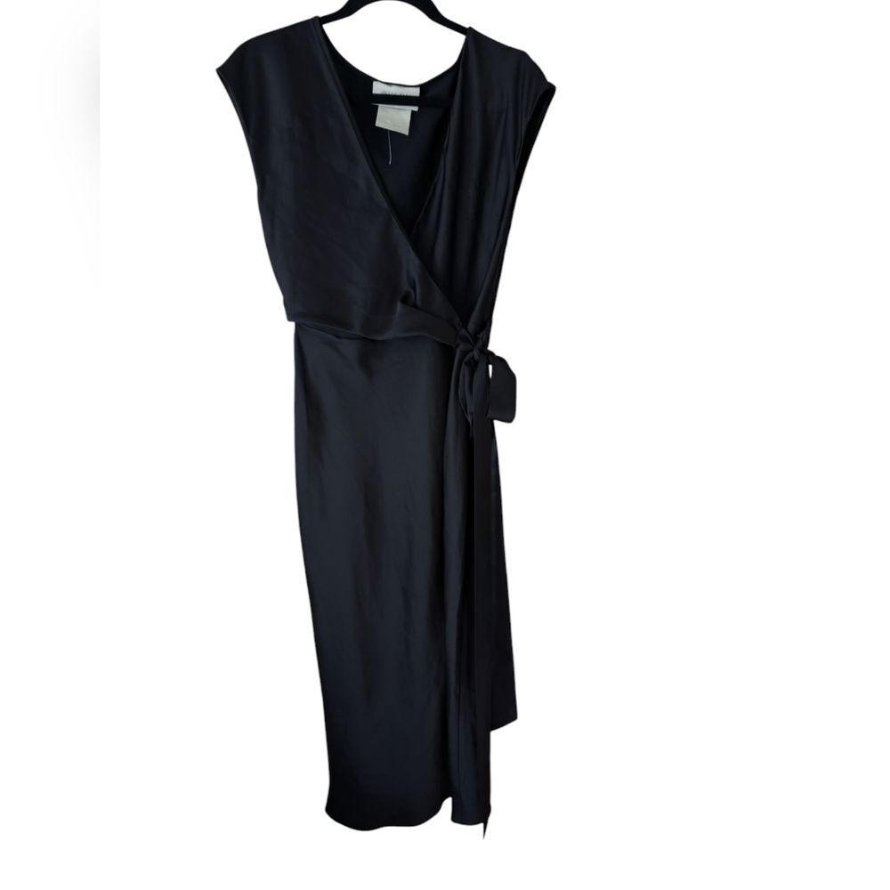 Anthropologie BHLDN Louisa Satin Charmeuse Black Front Tie Midi Dress Size 4 - Picture 2 of 12